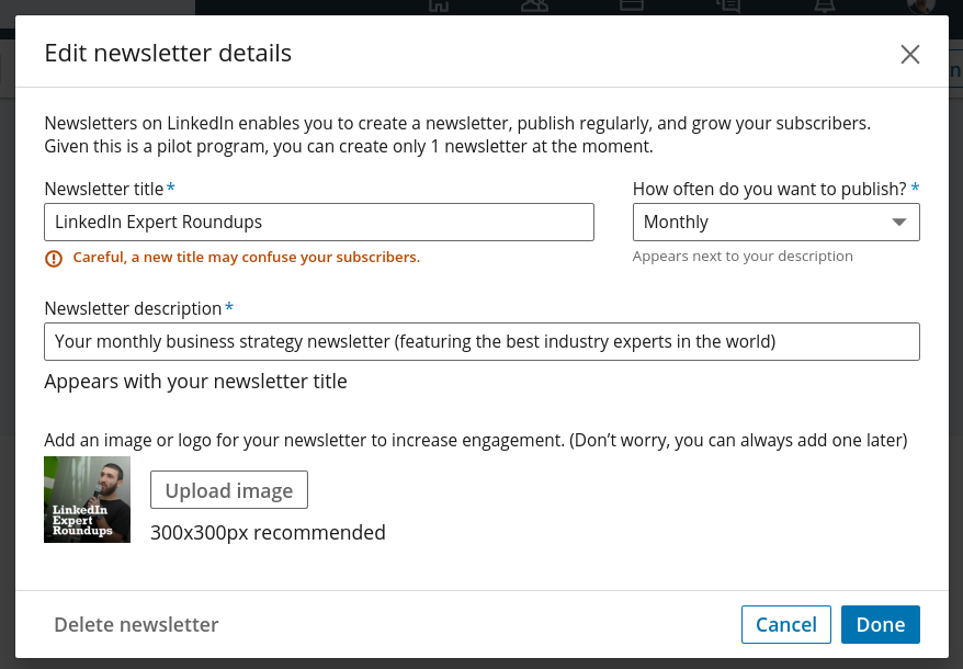 LinkedIn interface for Newsletters