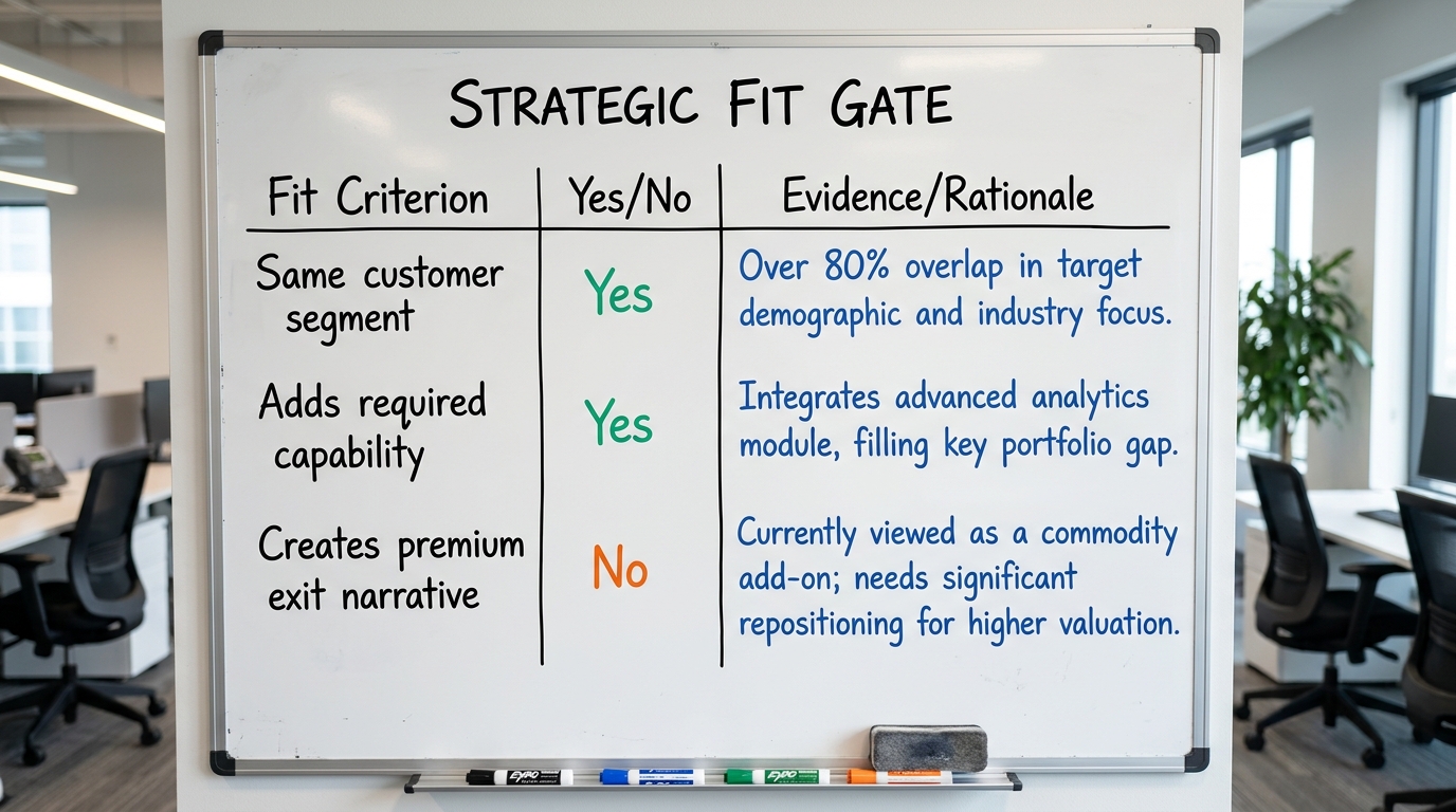 Strategic Fit Gate | Three-column table: Column 1 "Fit Criterion" (Same customer segment, Adds required capability, Crea