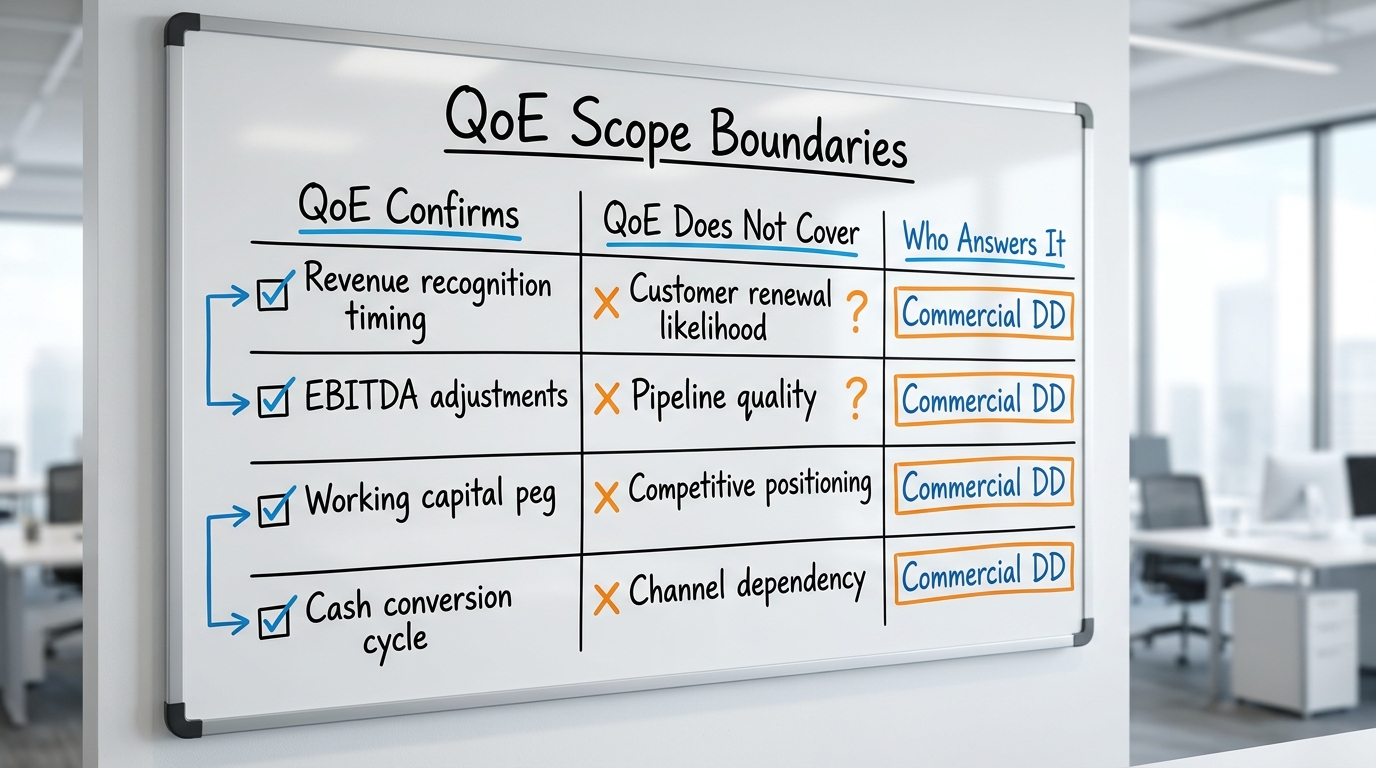 QoE Scope Boundaries | Table with 3 columns: "QoE Confirms", "QoE Does Not Cover", "Who Answers It" | Rows: Revenue reco