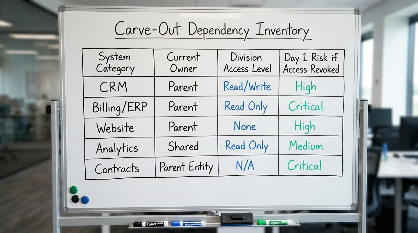 Carve-Out Dependency Inventory | A table with columns: System Category | Current Owner | Division Access Level | Day 1 R