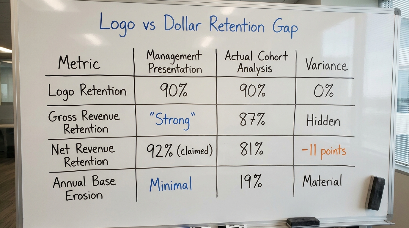 Logo vs Dollar Retention Gap | Table with columns: Metric | Management Presentation | Actual Cohort Analysis | Variance.