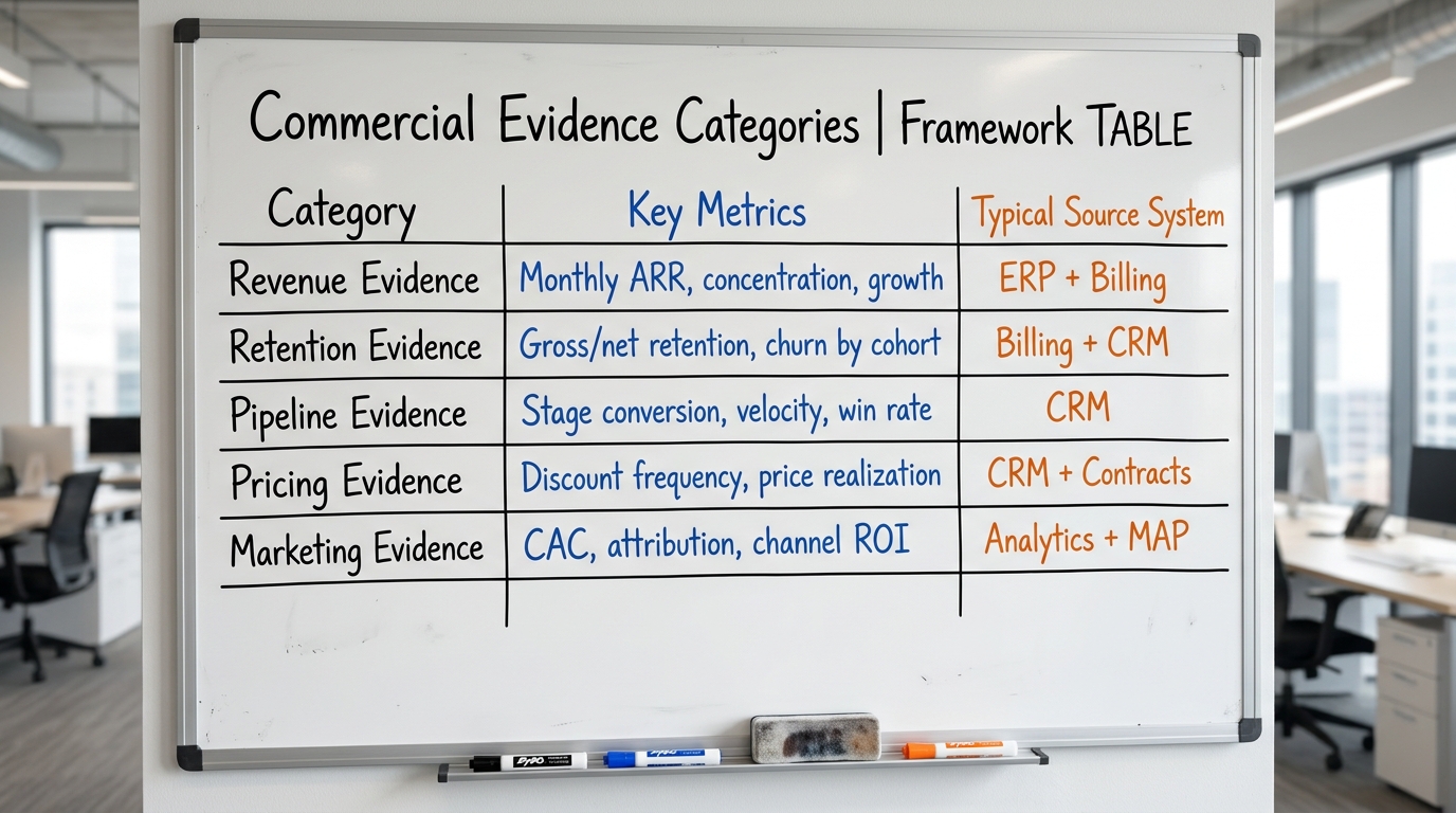 Commercial Evidence Categories | Framework TABLE with columns: Category | Key Metrics | Typical Source System | rows: Re