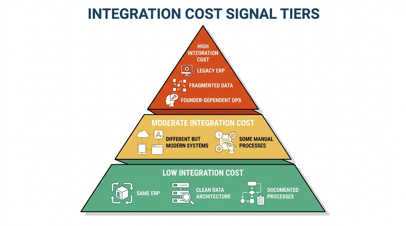 Integration Cost Signal Tiers | 3-tier pyramid: Tier 1 (Top) "High Integration Cost" - Legacy ERP, fragmented data, foun