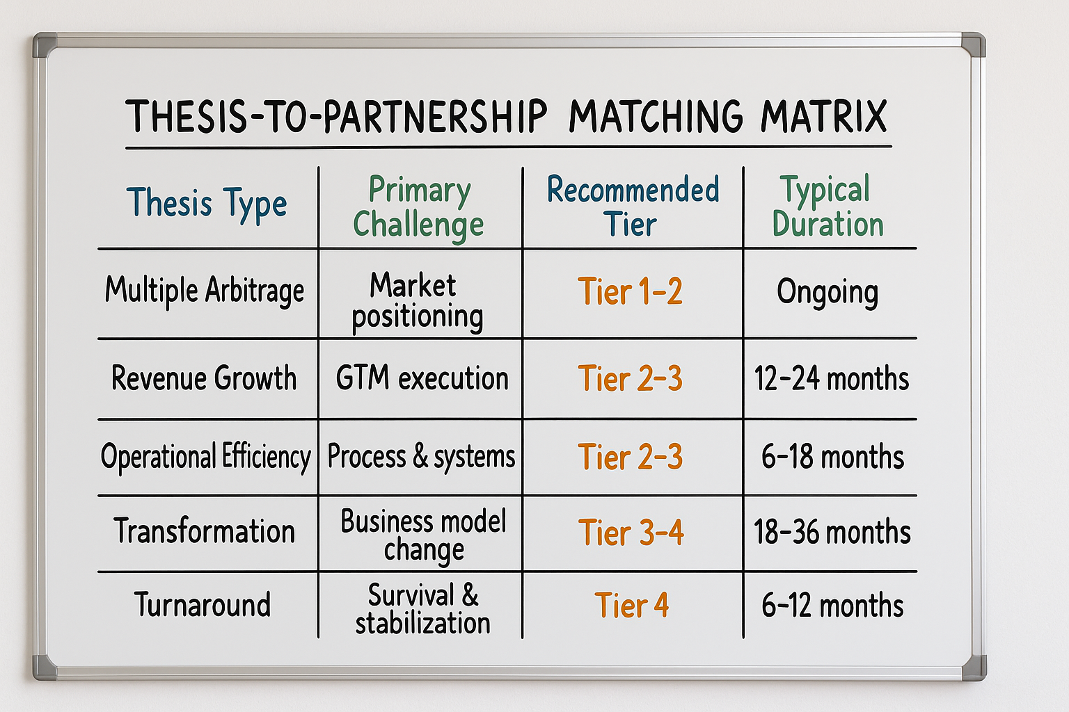Thesis-to-Partnership Matching Matrix | 4-column table: "Thesis Type" | "Primary Challenge" | "Recommended Tier" | "Typi