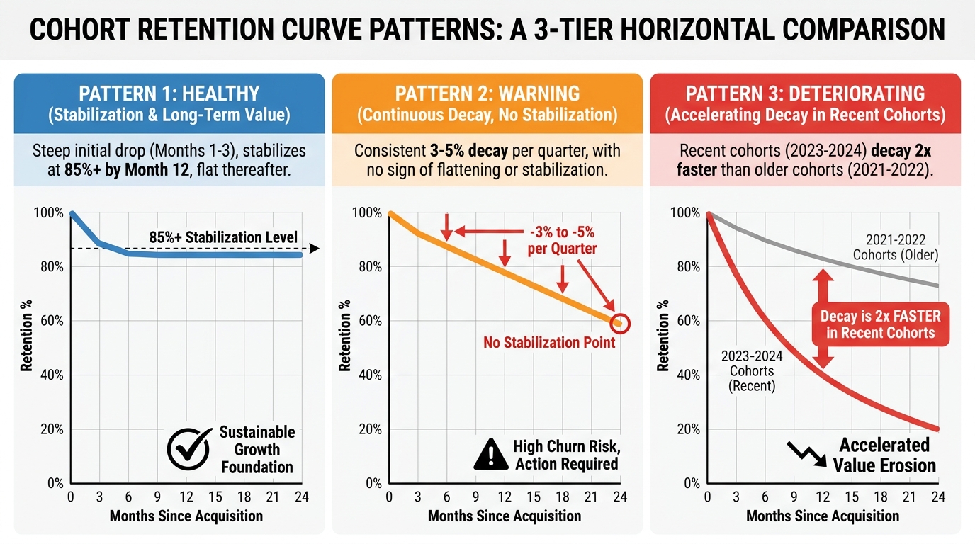 Cohort Retention Curve Patterns | 3-tier horizontal comparison: Pattern 1 - Healthy: steep drop months 1-3, stabilizes a