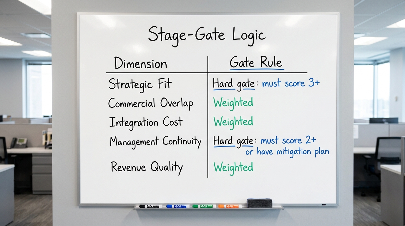 Stage-Gate Logic | Two-column table: Column 1 "Dimension" (Strategic Fit, Commercial Overlap, Integration Cost, Manageme