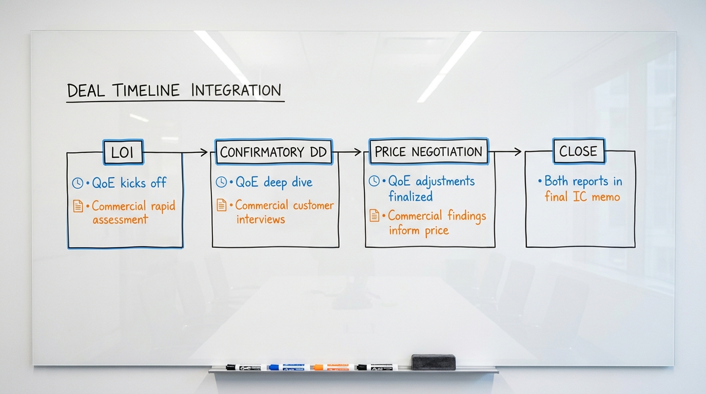 Deal Timeline Integration | Horizontal timeline with 4 phases: LOI (QoE kicks off + Commercial rapid assessment) → Confi