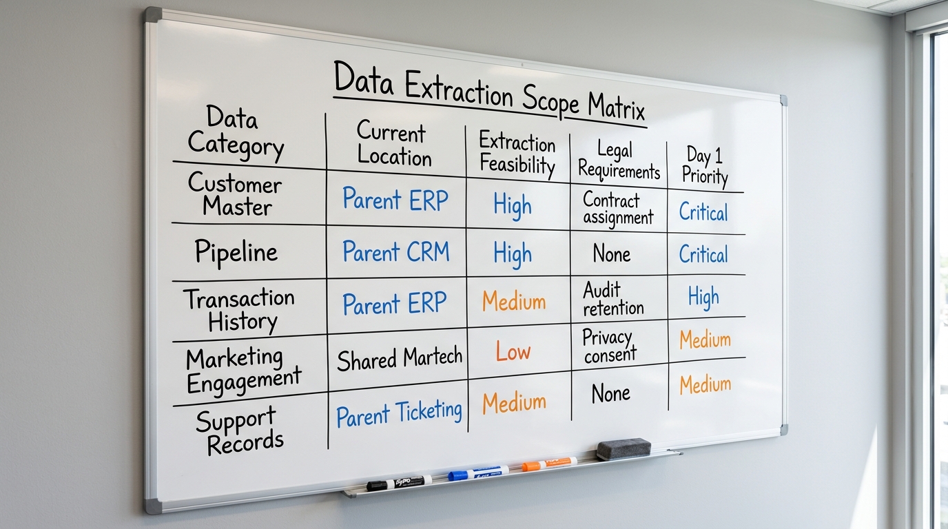 Data Extraction Scope Matrix | A table with columns: Data Category | Current Location | Extraction Feasibility | Legal R