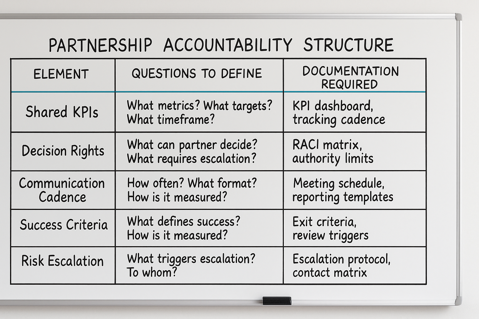 Partnership Accountability Structure | 3-column table: "Element" | "Questions to Define" | "Documentation Required". Row