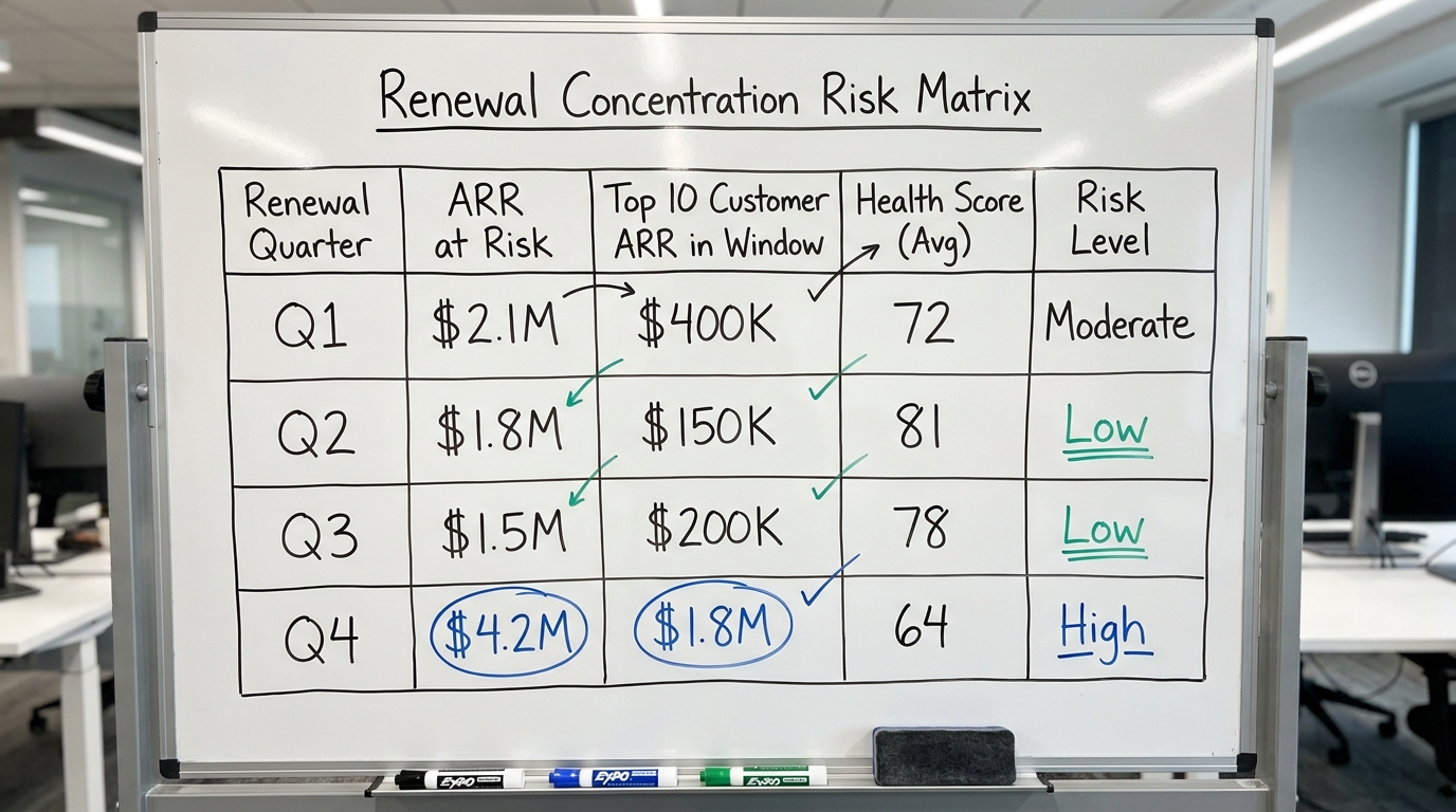 Renewal Concentration Risk Matrix | Table with columns: Renewal Quarter | ARR at Risk | Top 10 Customer ARR in Window |