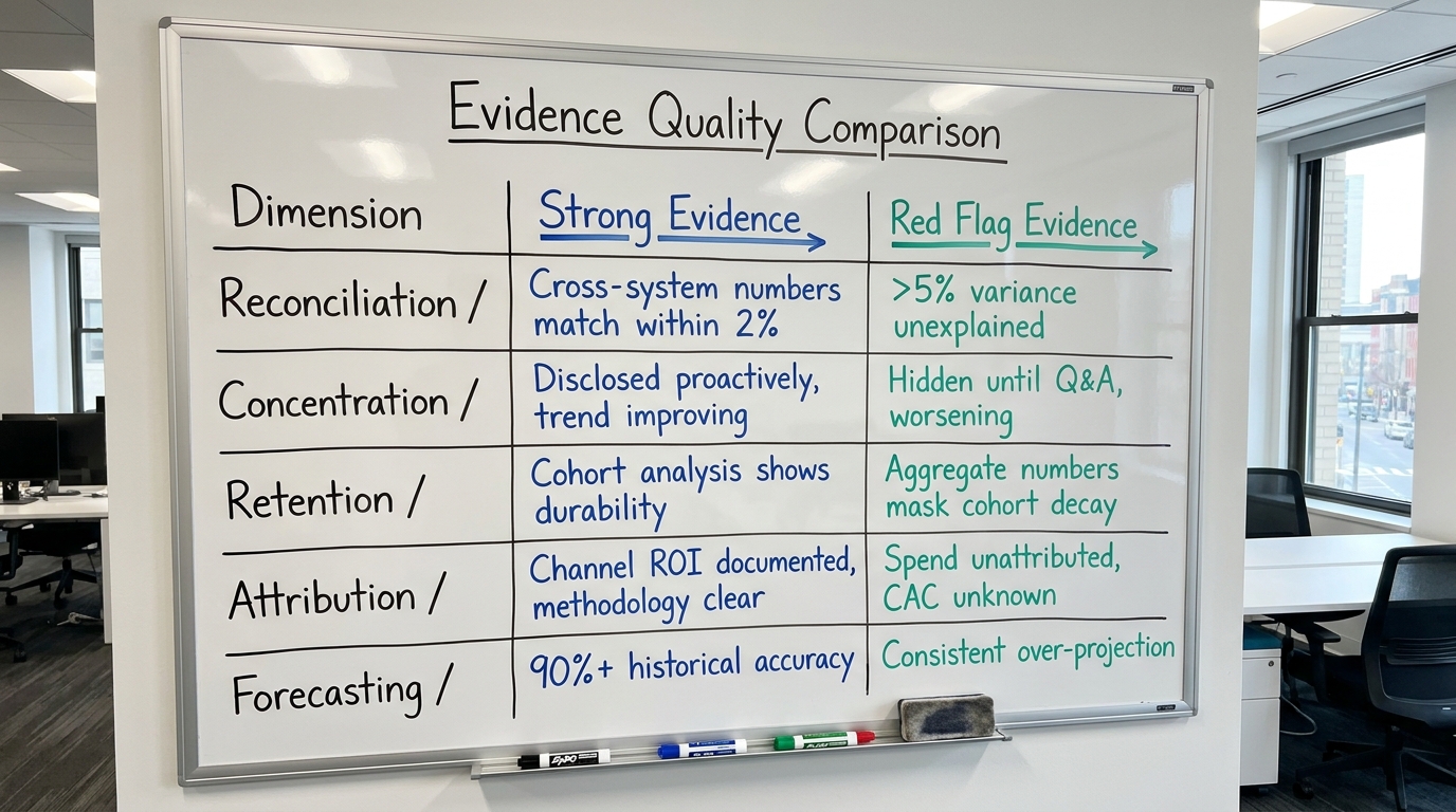Evidence Quality Comparison | Comparison TABLE with columns: Dimension | Strong Evidence | Red Flag Evidence | rows: Rec