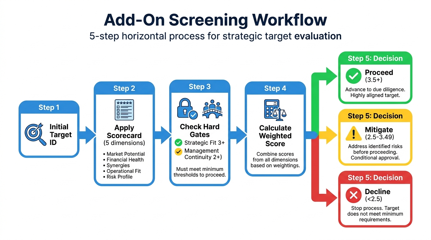 Add-On Screening Workflow | 5-step horizontal process: Step 1 "Initial Target ID" → Step 2 "Apply Scorecard (5 dimension