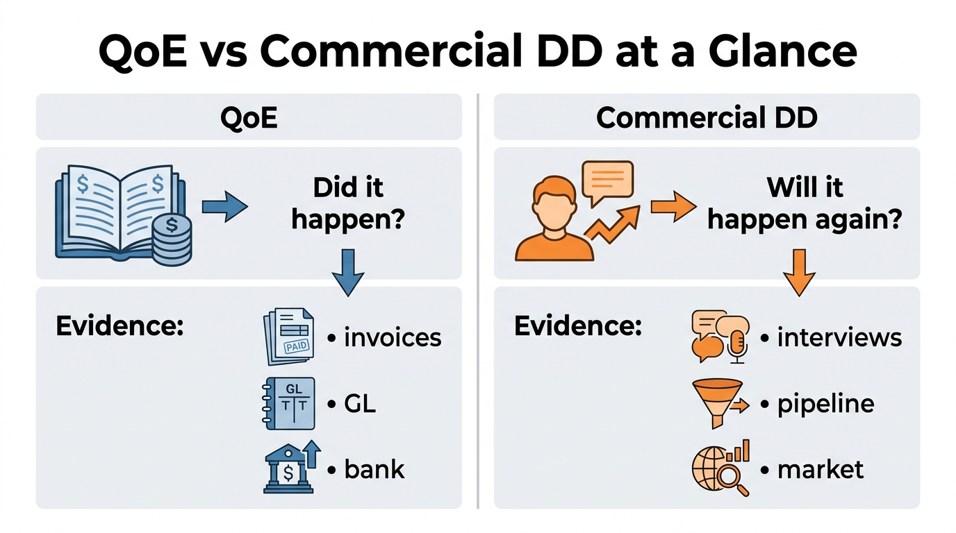 QoE vs Commercial DD at a Glance | 2-column comparison with icons: Left column "QoE" showing Ledger icon → "Did it happe