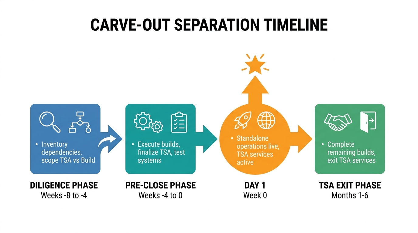 Carve-Out Separation Timeline | A horizontal timeline showing: Diligence Phase (Weeks -8 to -4): Inventory dependencies,