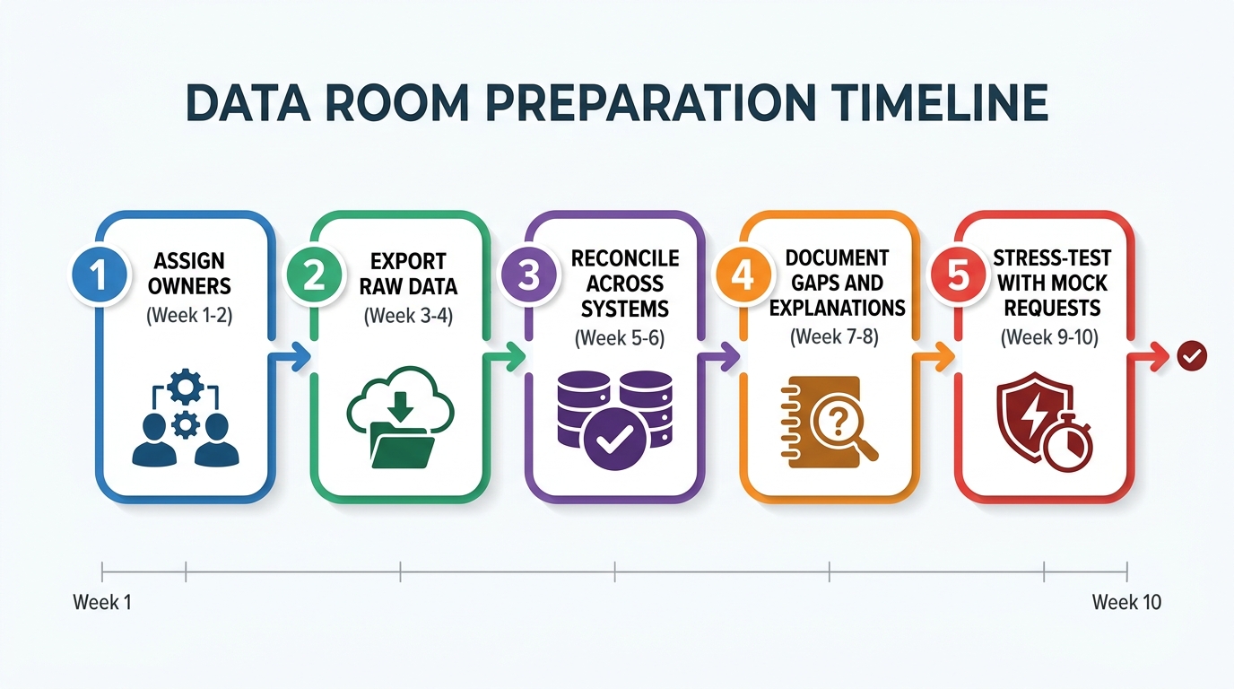 Data Room Preparation Timeline | 5-step horizontal process: 1. Assign Owners (Week 1-2) | 2. Export Raw Data (Week 3-4) 