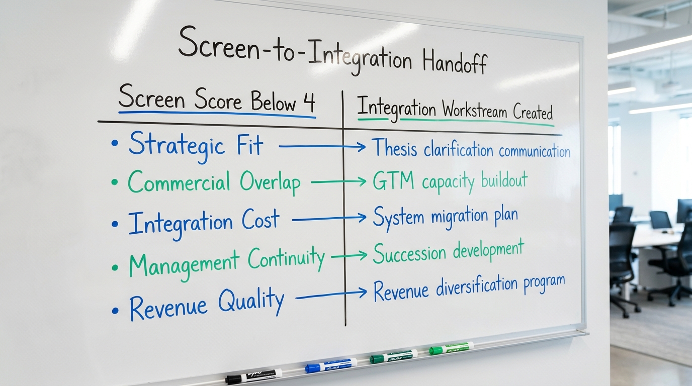 Screen-to-Integration Handoff | Two-column table: Column 1 "Screen Score Below 4" (Strategic Fit, Commercial Overlap, In