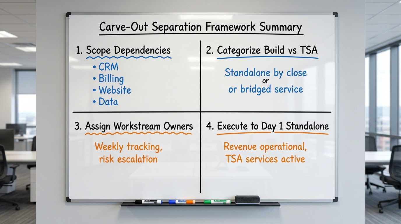 Carve-Out Separation Framework Summary | A 4-box grid: Box 1: Scope Dependencies (CRM, Billing, Website, Data) | Box 2: 
