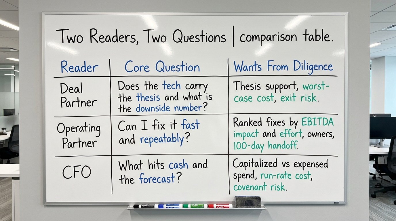 Two Readers, Two Questions | comparison table. Columns: Reader / Core Question / Wants From Diligence. Rows: Deal Partne