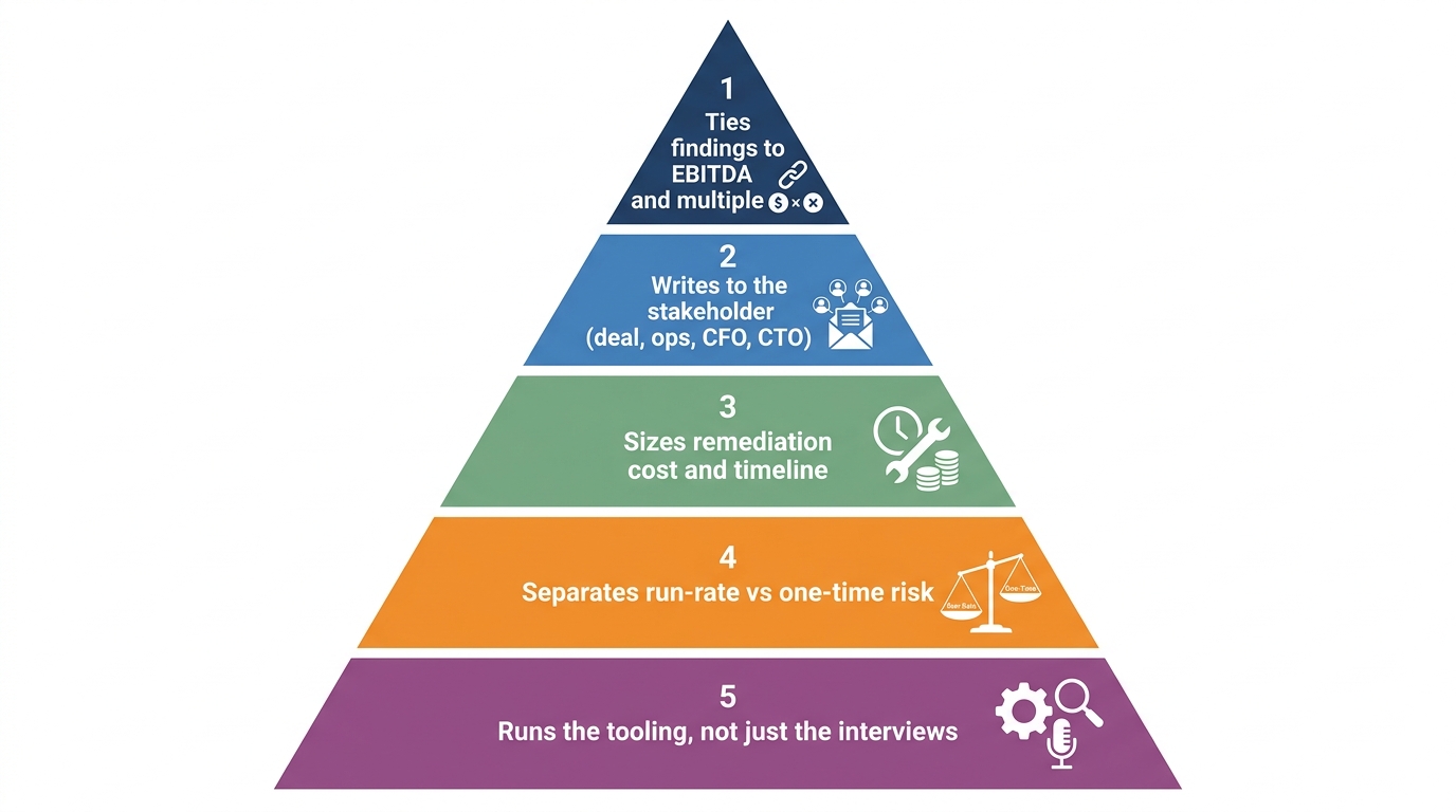 How to Judge a Tech DD Firm | 5-tier pyramid, top to bottom: 1 Ties findings to EBITDA and multiple / 2 Writes to the st