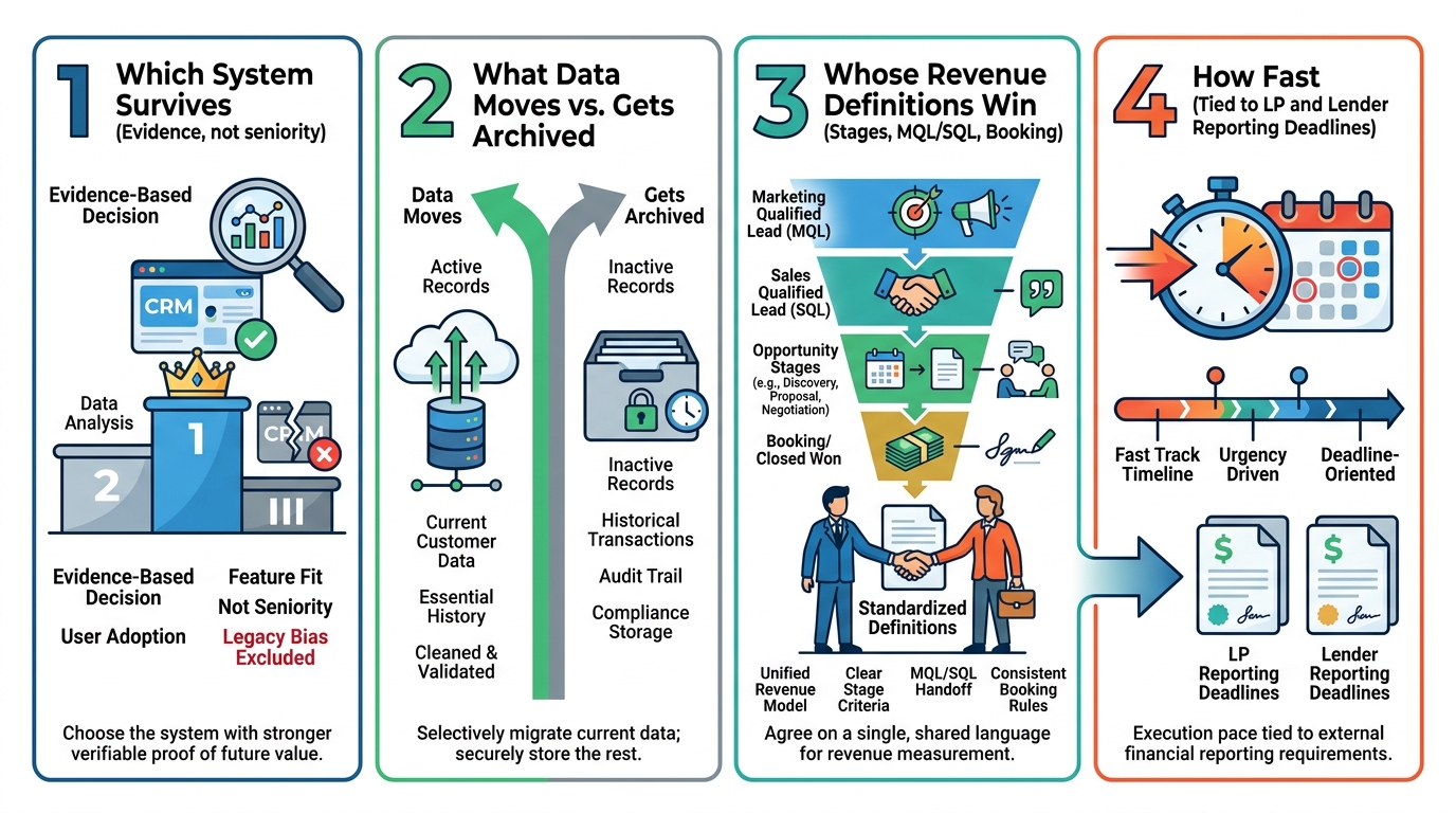 The Four CRM Consolidation Decisions | 1. Which system survives (evidence, not seniority) → 2. What data moves vs. gets