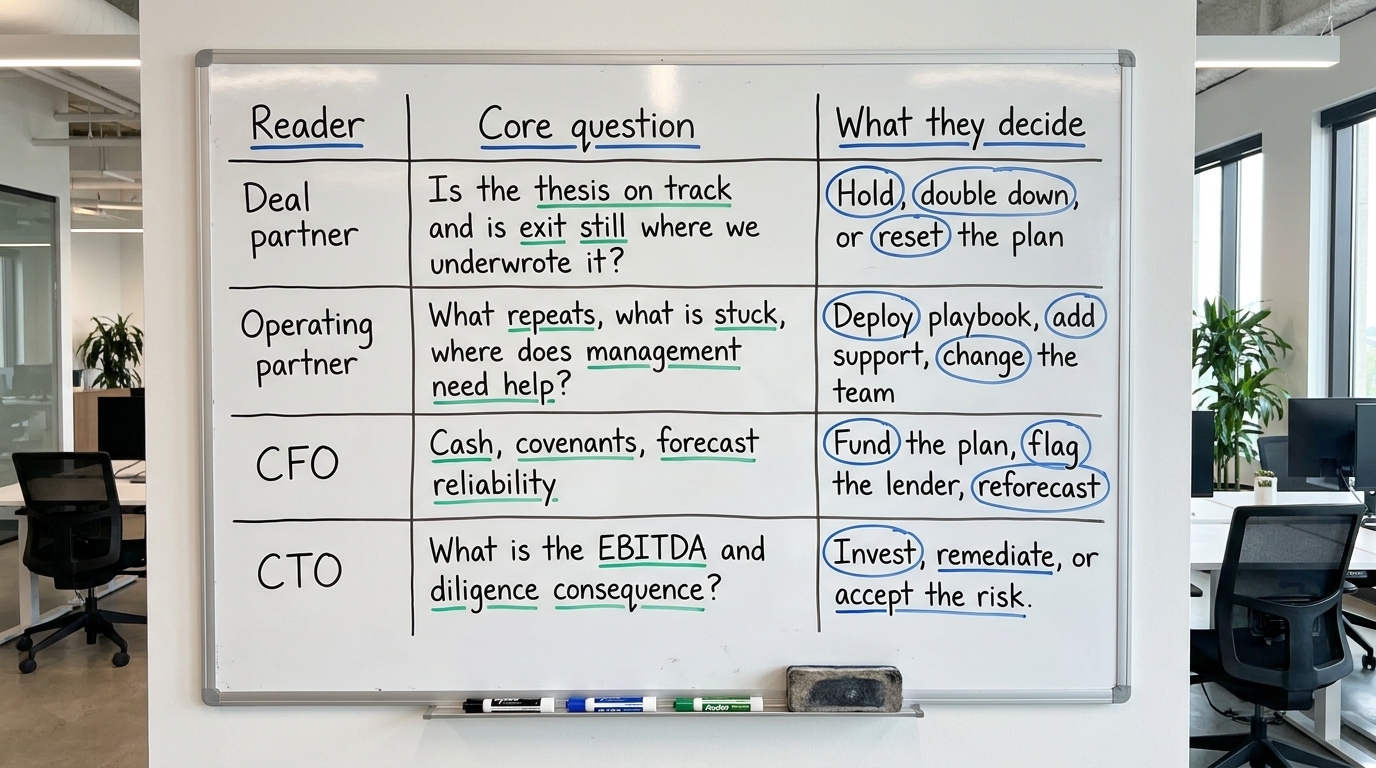 Who Reads the Board Pack, and What They Decide | table with columns "Reader / Core question / What they decide" and rows