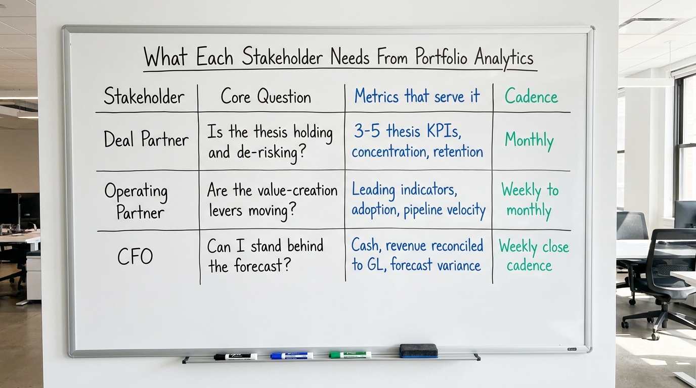 What Each Stakeholder Needs From Portfolio Analytics | TABLE. Columns: Stakeholder | Core Question | Metrics that serve