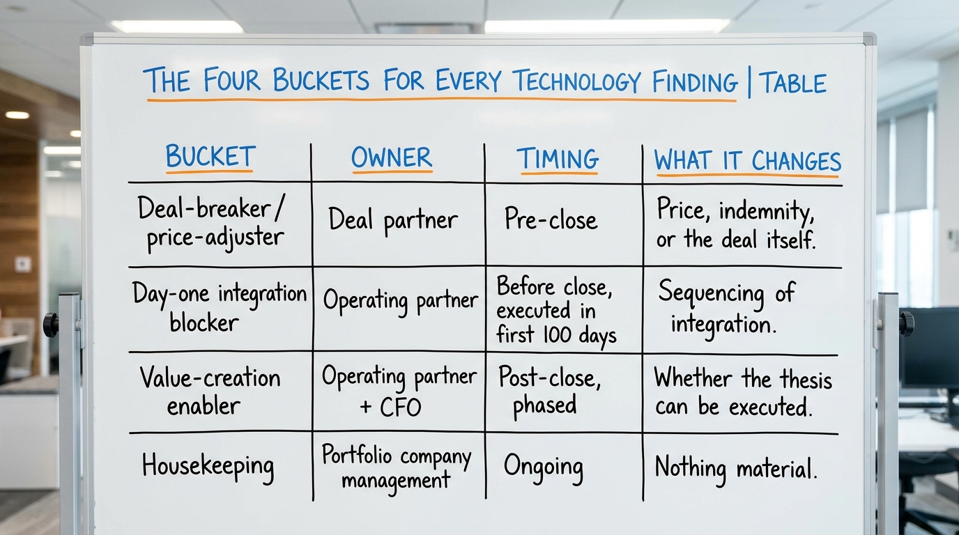 The Four Buckets for Every Technology Finding | TABLE. Columns: Bucket | Owner | Timing | What it changes. Rows: Deal-br