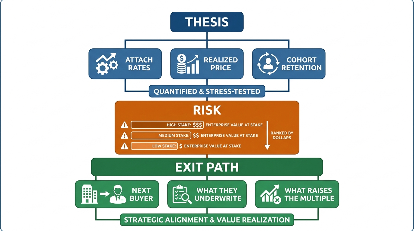 What the deal partner needs, in order | 3-tier pyramid, top to bottom: 1) THESIS quantified and stress-tested (attach ra