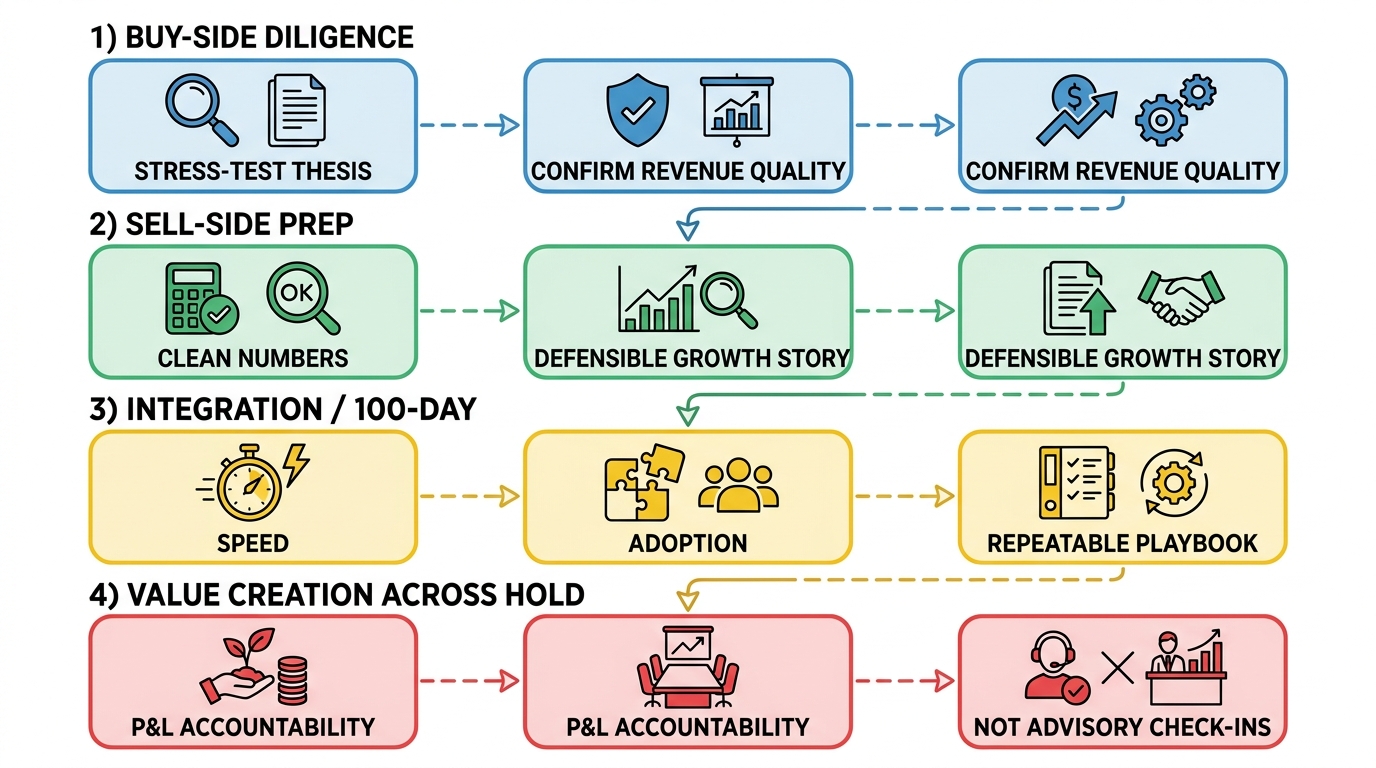 Four M&A mandates, four different firms | 4 tiers: 1) Buy-side diligence, stress-test thesis, confirm revenue quality; 2