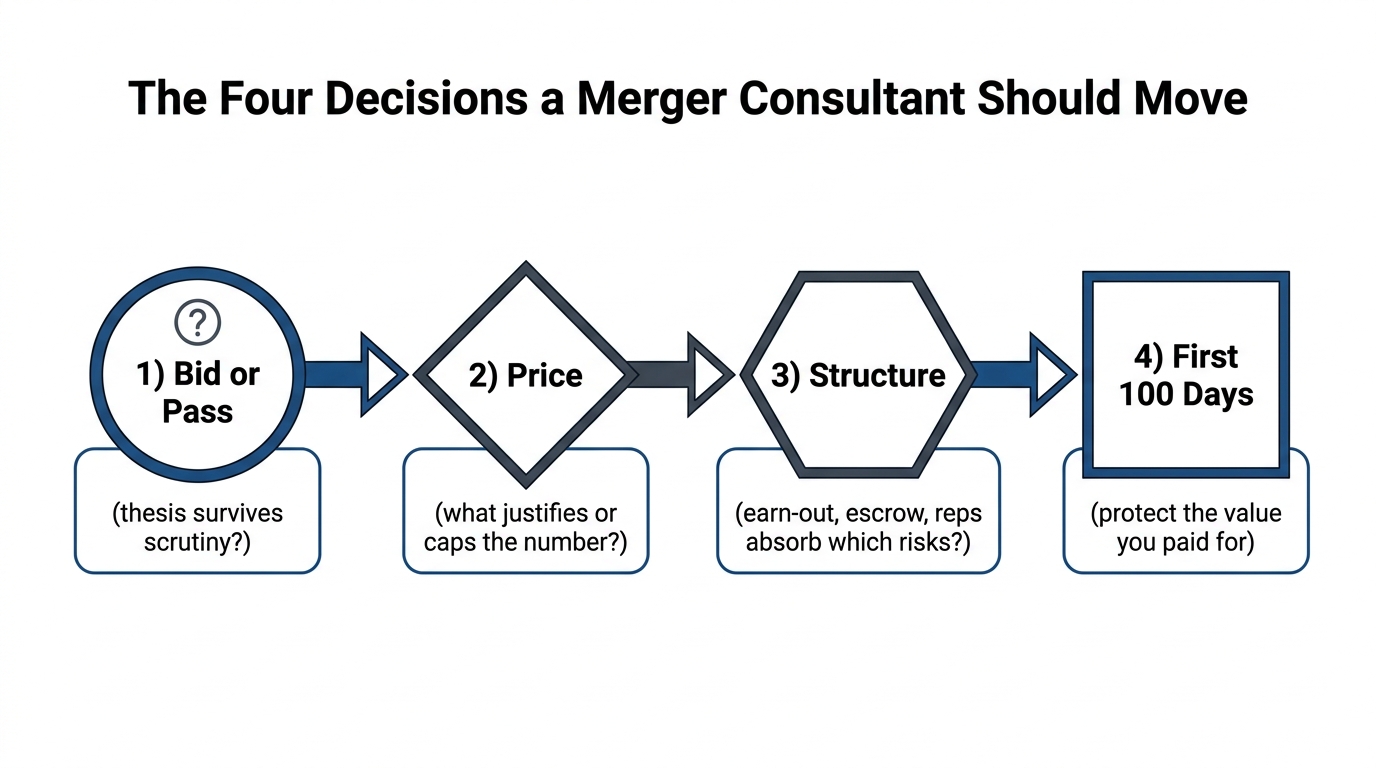 The Four Decisions a Merger Consultant Should Move | 4-step horizontal flow: 1) Bid or Pass (thesis survives scrutiny?)