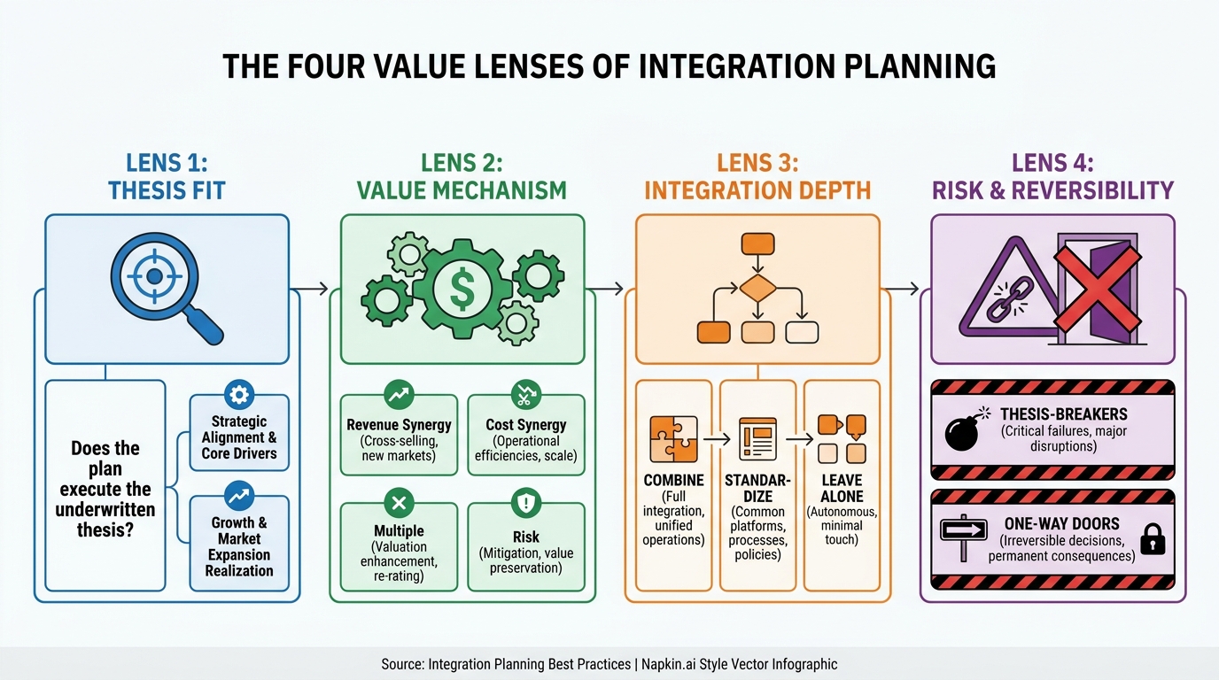 The Four Value Lenses of Integration Planning | Lens 1 Thesis Fit, does the plan execute the underwritten thesis; Lens 2