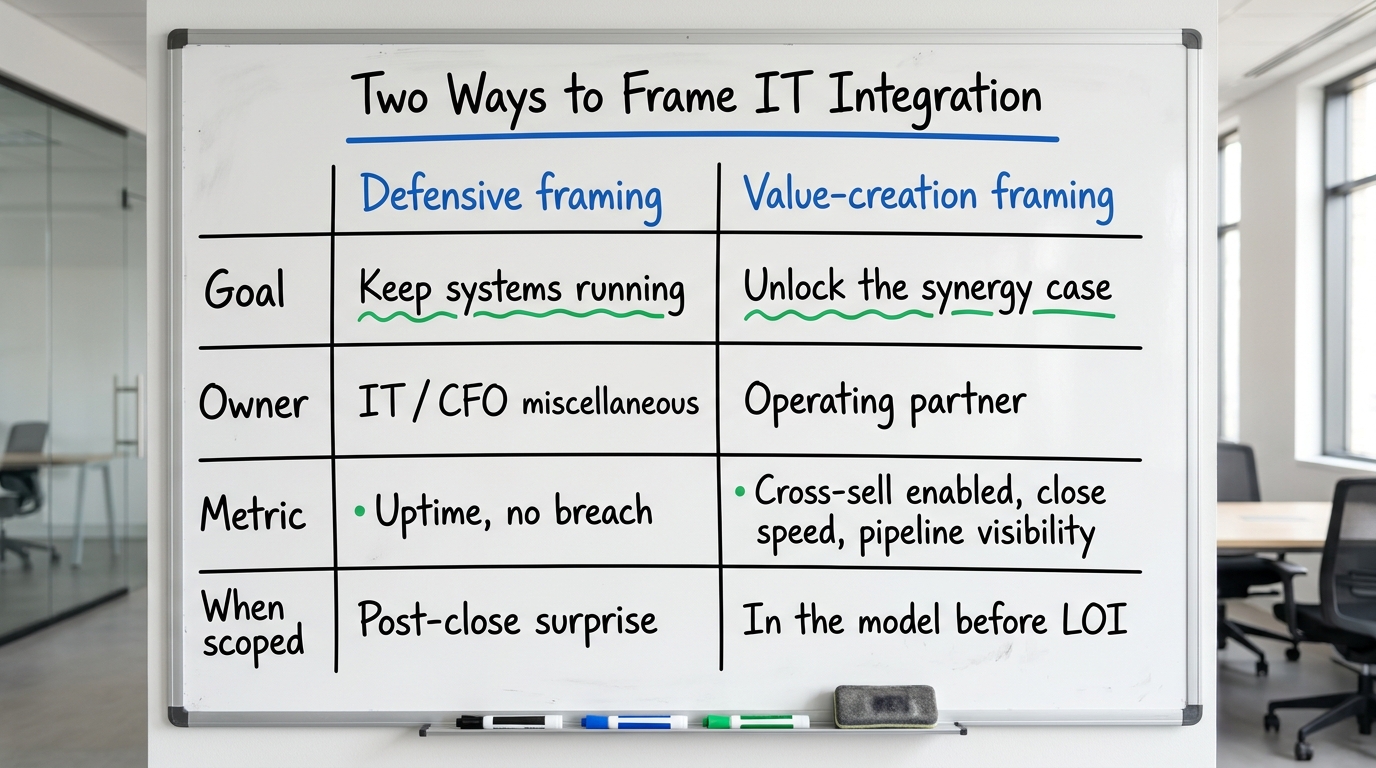 Two Ways to Frame IT Integration | comparison table with columns "Defensive framing" and "Value-creation framing". Rows: