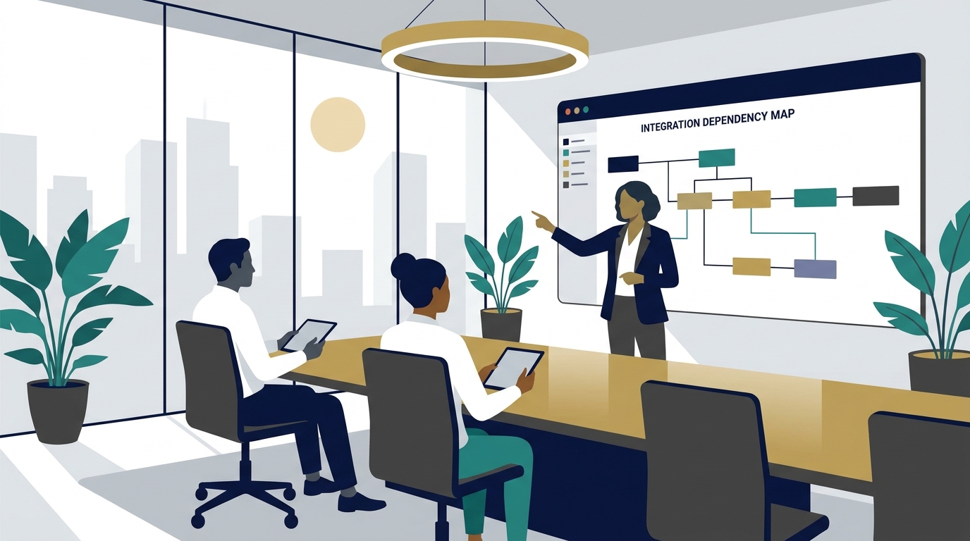 Deal partner reviewing integration dependency map with operating team in boardroom setting