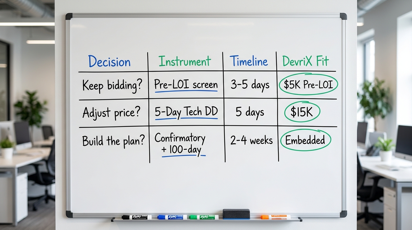 Match the Firm to the Decision | TABLE with columns "Decision" | "Instrument" | "Timeline" | "DevriX Fit" and rows: "Kee