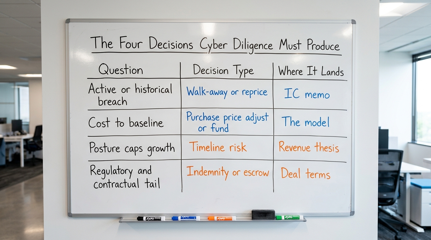 The Four Decisions Cyber Diligence Must Produce | a table with columns "Question / Decision Type / Where It Lands" and r
