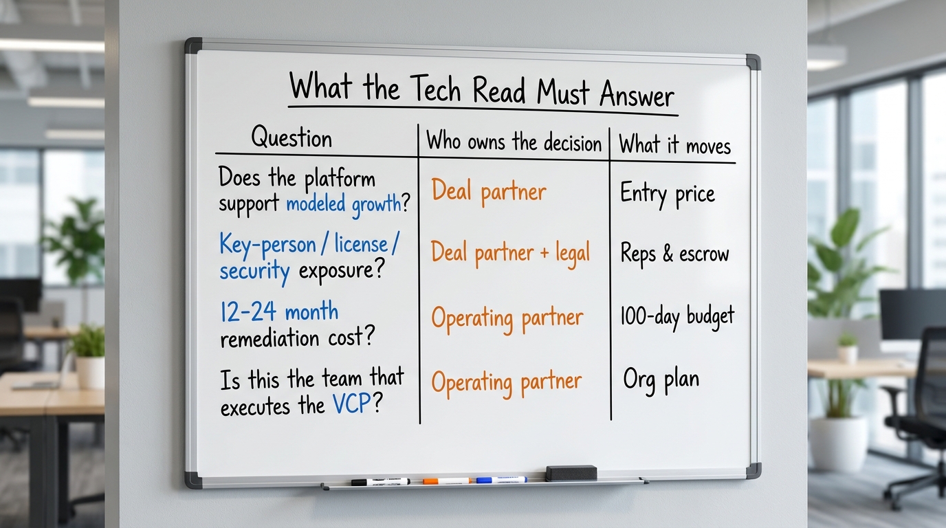 What the Tech Read Must Answer | table with columns "Question | Who owns the decision | What it moves". Rows: "Does the