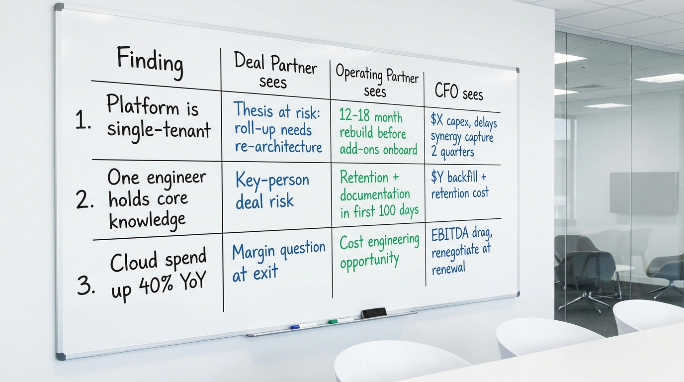 One Finding, Three Readers | table with columns "Finding" / "Deal Partner sees" / "Operating Partner sees" / "CFO sees".