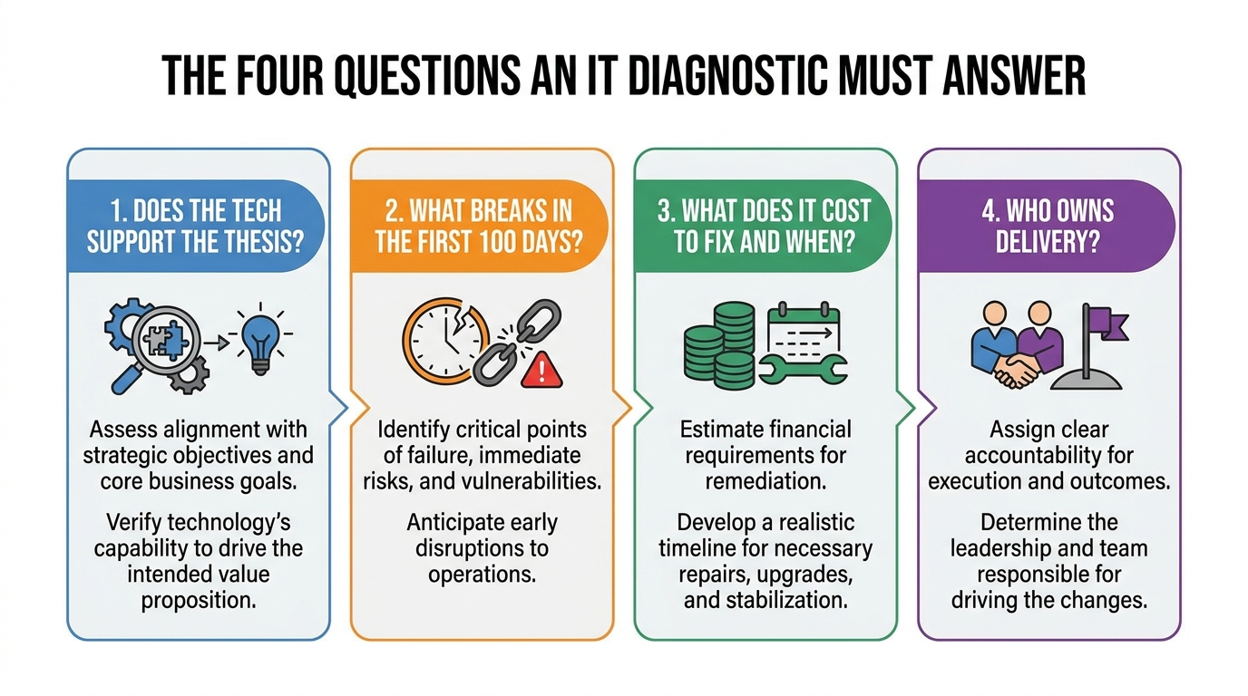 The Four Questions an IT Diagnostic Must Answer | 4-step process: 1. Does the tech support the thesis? 2. What breaks in
