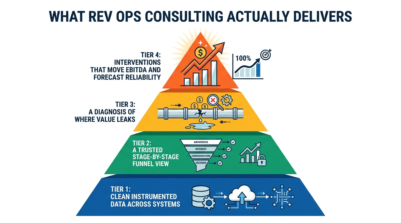 What Rev Ops Consulting Actually Delivers | 4-tier pyramid, bottom to top: Tier 1 Clean instrumented data across systems