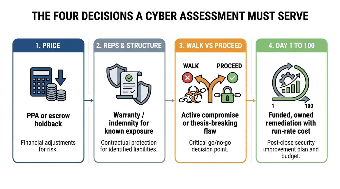 The Four Decisions a Cyber Assessment Must Serve | 4 boxes: (1) Price, PPA or escrow holdback; (2) Reps & Structure, war