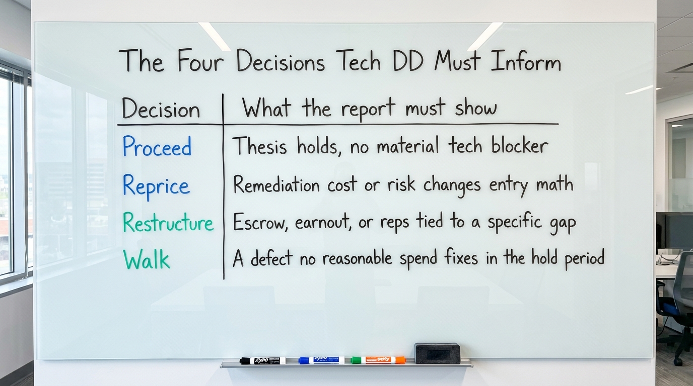 The Four Decisions Tech DD Must Inform | table with columns "Decision" and "What the report must show" | rows: "Proceed,
