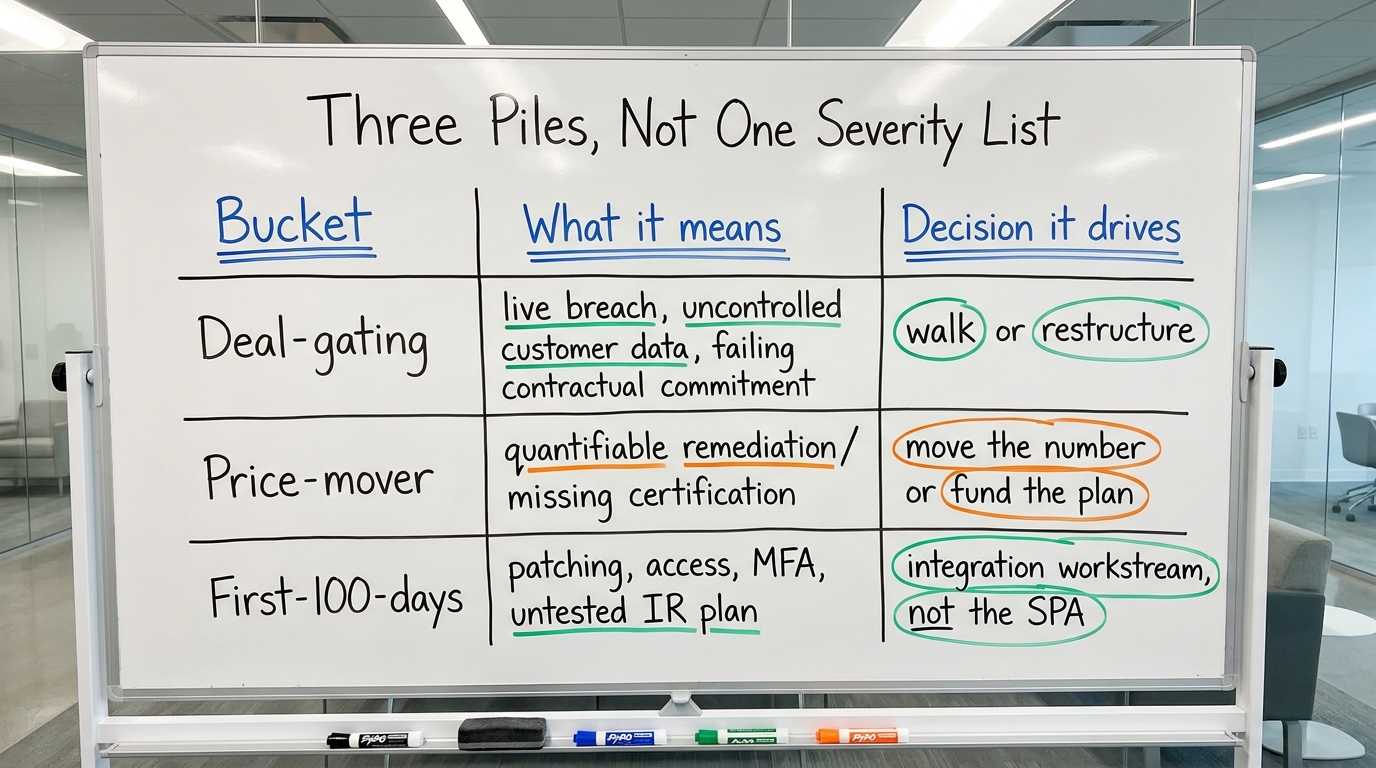 Three Piles, Not One Severity List | a TABLE with columns "Bucket | What it means | Decision it drives" and rows: "Deal-