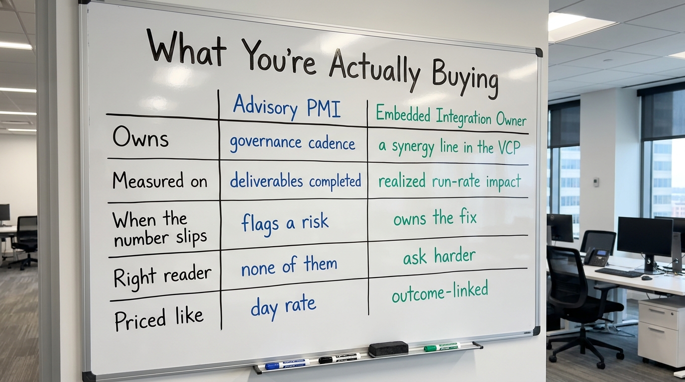 What You're Actually Buying | comparison table with two columns "Advisory PMI" vs "Embedded Integration Owner" and rows: