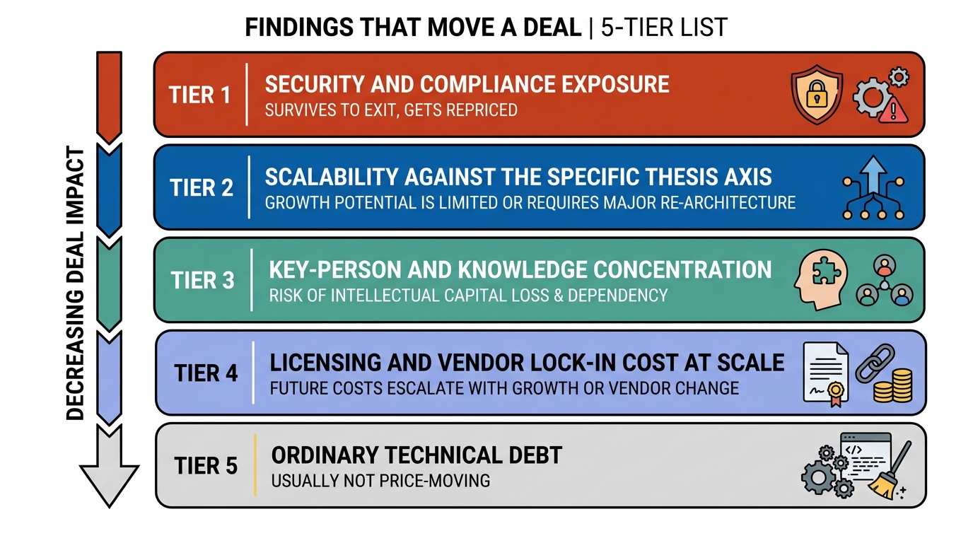 Findings That Move a Deal | 5-tier list from highest to lowest deal impact. Tier 1 Security and compliance exposure (sur