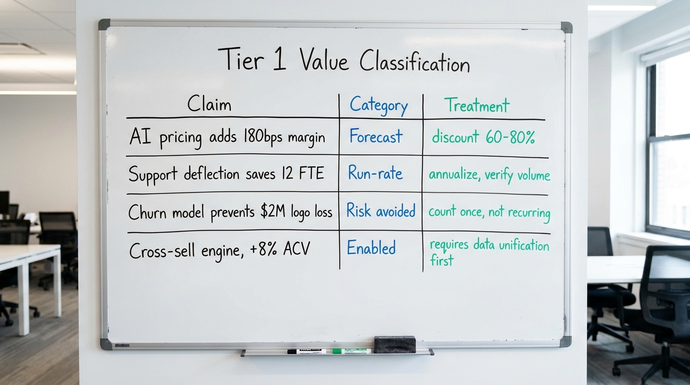 Tier 1 Value Classification | table with columns: Claim | Category | Treatment. Rows: "AI pricing adds 180bps margin" |