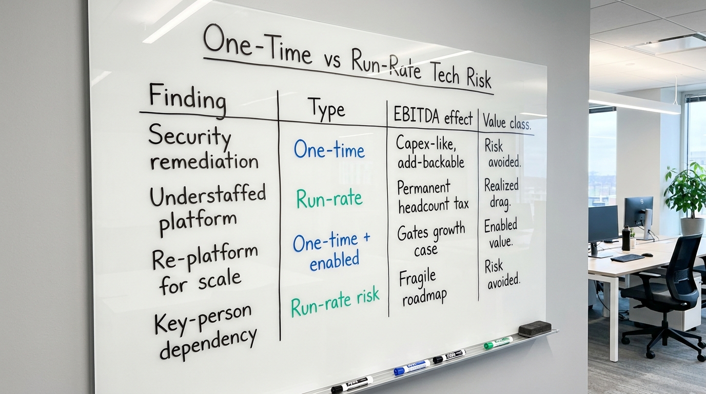 One-Time vs Run-Rate Tech Risk | TABLE columns: Finding | Type | EBITDA effect | Value class. Rows: Security remediation