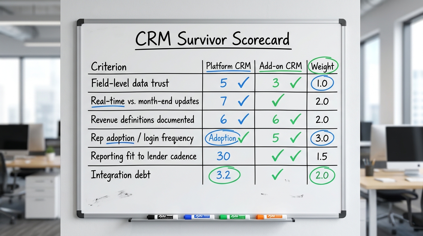 CRM Survivor Scorecard | Columns: Criterion, Platform CRM, Add-on CRM, Weight. Rows: Field-level data trust, Real-time v