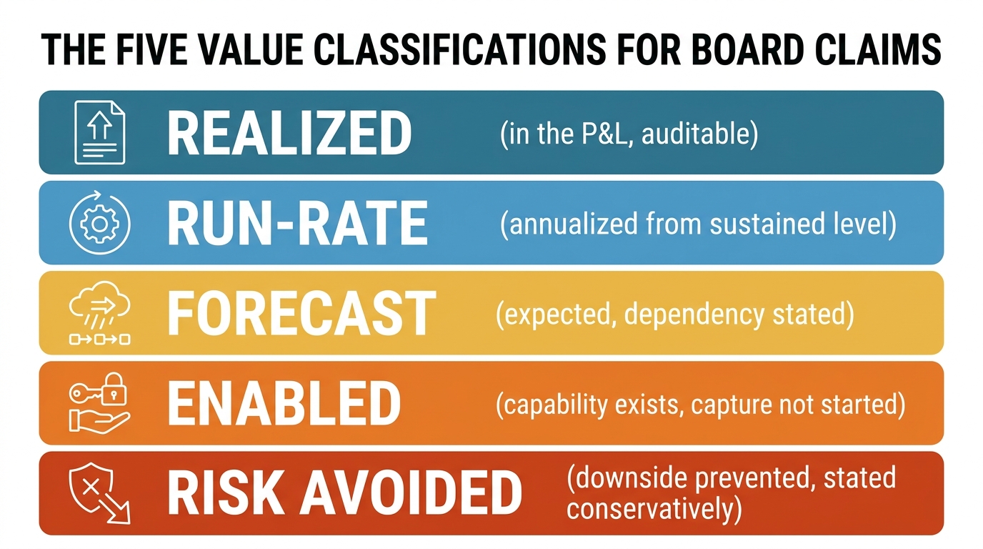 The Five Value Classifications for Board Claims | five stacked tiers labeled top to bottom: Realized (in the P&L, audita