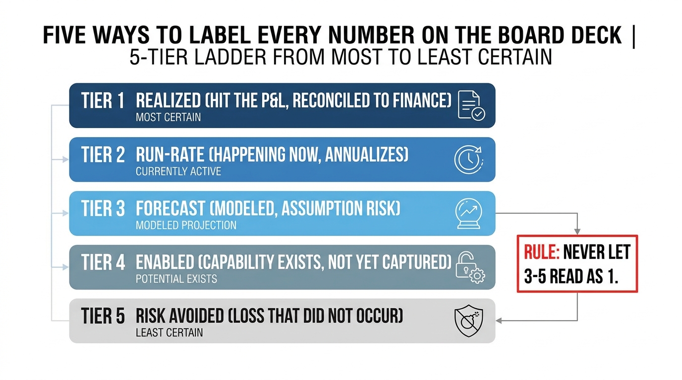 Five Ways to Label Every Number on the Board Deck | 5-tier ladder from most to least certain. Tier 1 Realized (hit the P