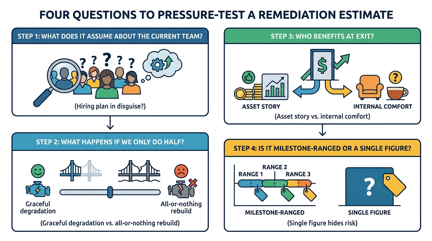 Four Questions to Pressure-Test a Remediation Estimate | 4-step vertical flow. Step 1: What does it assume about the cur